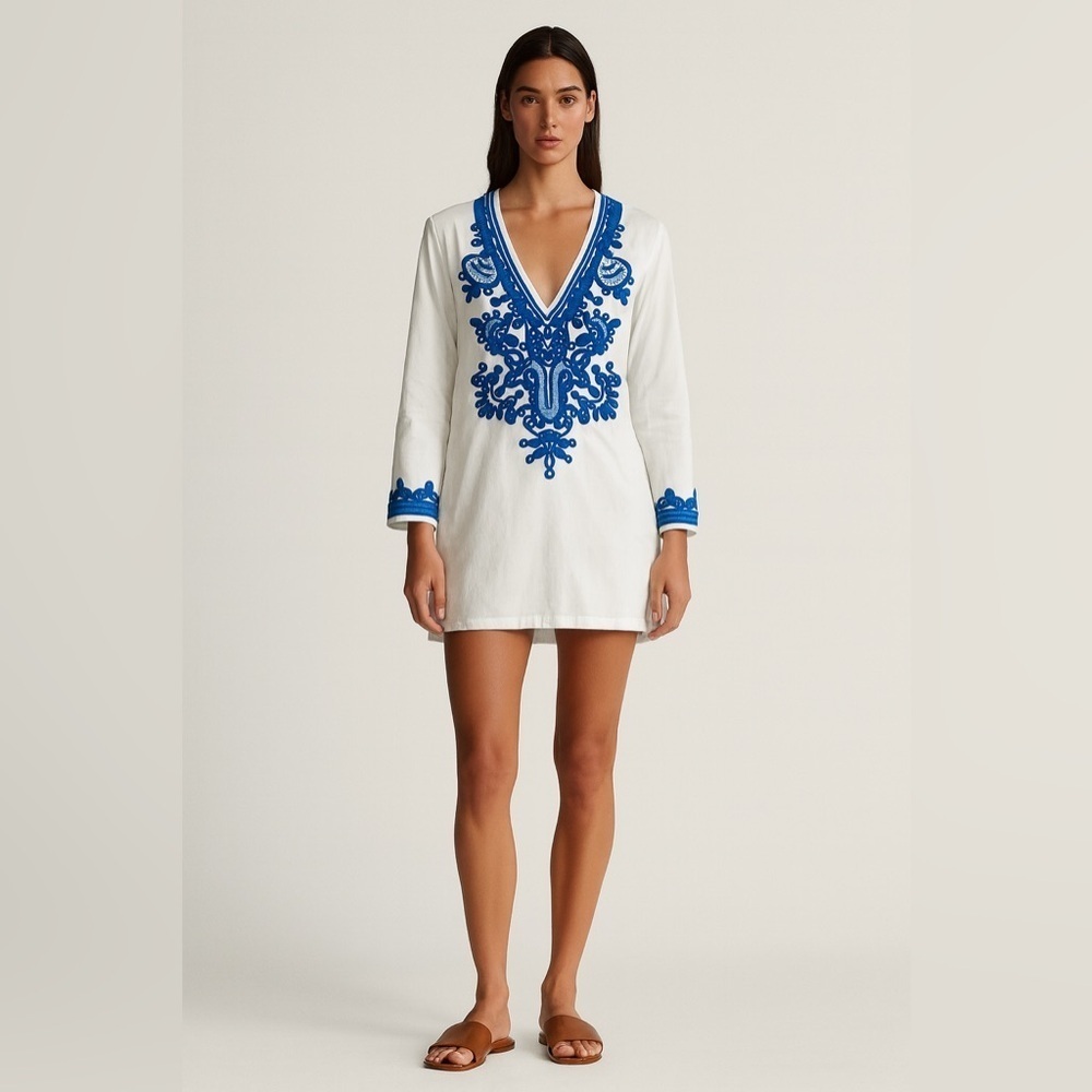La Blanca white tunic swim cover with blue embroidery at cuffs add split neck. S